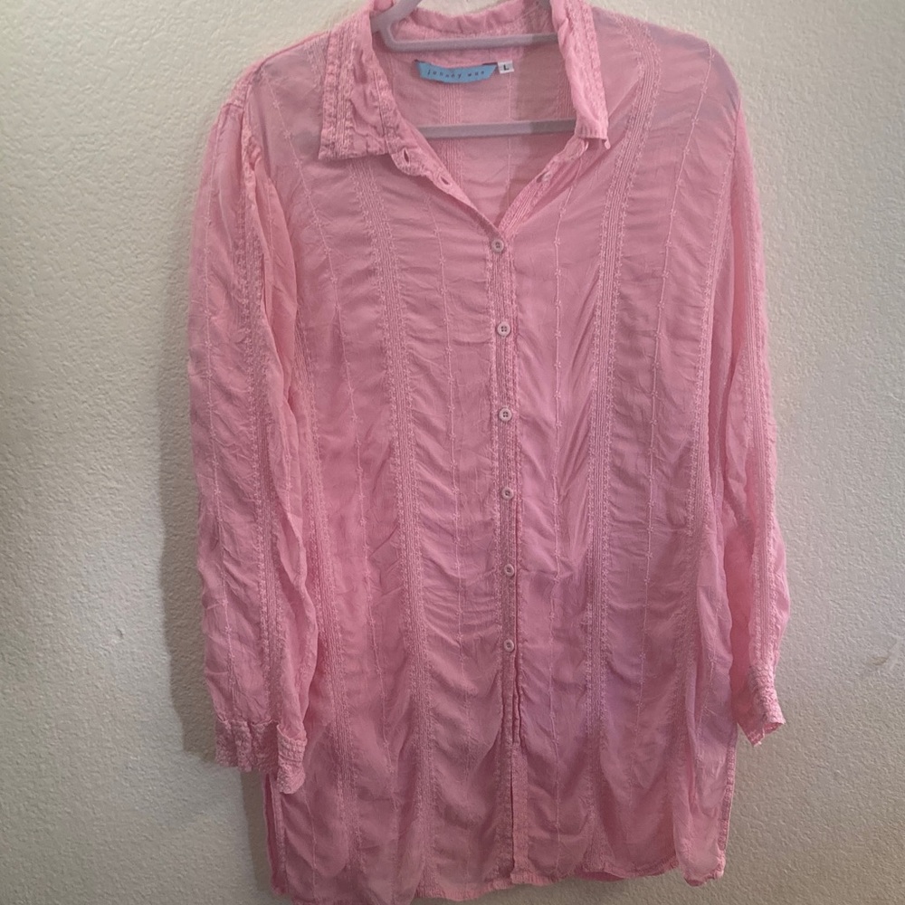 Johnny Was delicate Pink embroidered Textured Blouse tunic long sleeve L boho